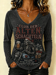 Frauen-Funny-Oktoberfest-Print T-Shirt mit V-Ausschnitt und langen Ärmeln