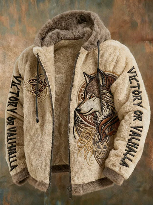 Herren-Viking-Tribal-Jacquard-Keltisches Plüsch-Fleecejacke mit Wolfsmotiv, warm, mit Reißverschluss und Kapuze