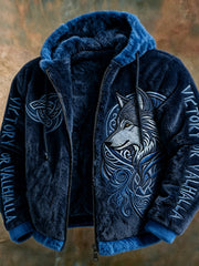 Herren-Viking-Tribal-Jacquard-Keltisches Plüsch-Fleecejacke mit Wolfsmotiv, warm, mit Reißverschluss und Kapuze
