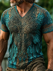 Herren Vintage Wikinger Baum des Lebens mit Flügeln Druck T-Shirt mit V-Ausschnitt