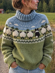 Damen-Vintage-Pullover mit Bauernhofmotiv, Border Collie und Schafen, Yoke-Strickmuster, Insel-Print, Rollkragen