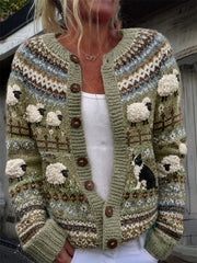 Weiblicher Vintage-Strickcardigan mit Border-Collie- und Schafmotiv im Inselstil, besonders kuschelig