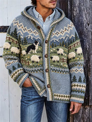 Herren-Vintage-Strickjacke mit gemütlicher Kapuze, Border‑Collie‑ und Schaf‑Landschafts‑Insel‑Print