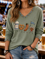 Oktoberfest der Frauen: Prost! Langarm T-Shirt mit lässiger V-Ausschnitt