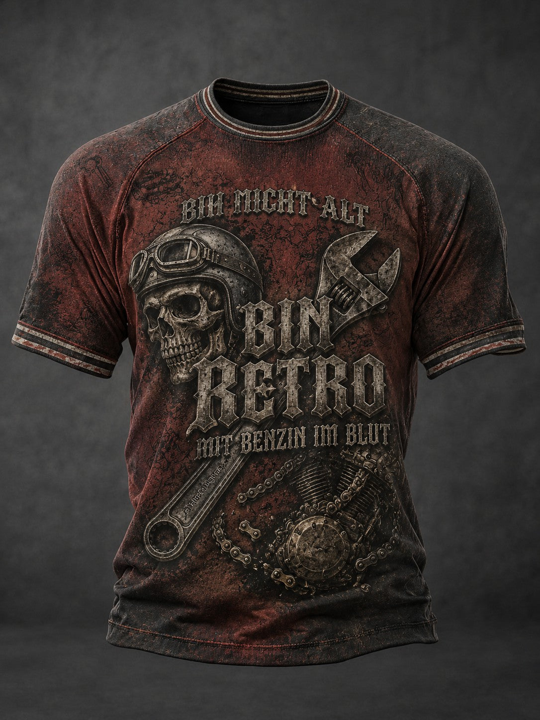 Herren-T-Shirt mit Aufdruck: BIN NICHT ALT, BIN RETRO MIT BENZIN IM BLUT