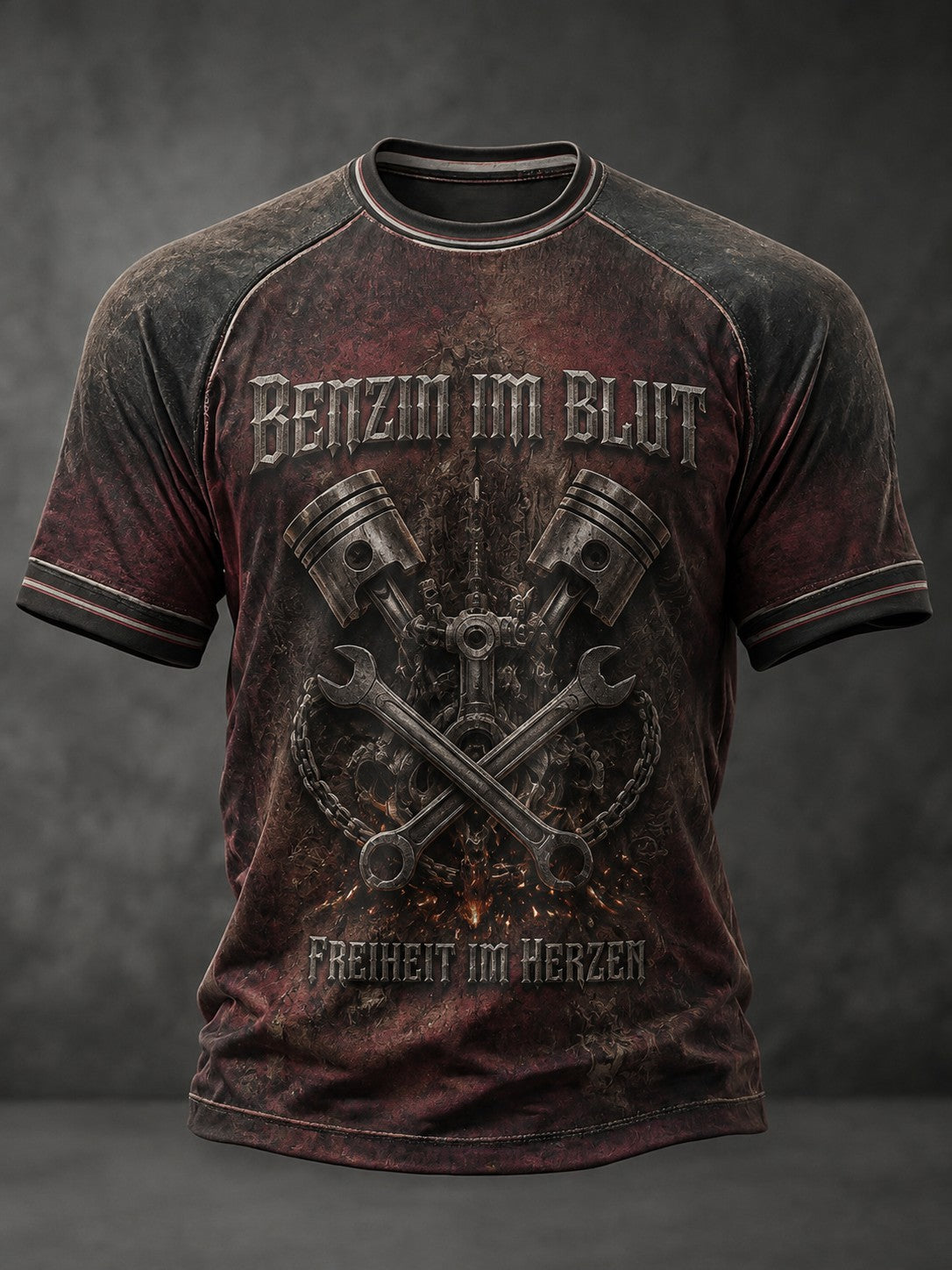 Herren-T-Shirt mit Aufdruck „BENZIN IM BLUT FREIHEIT IM HERZEN“
