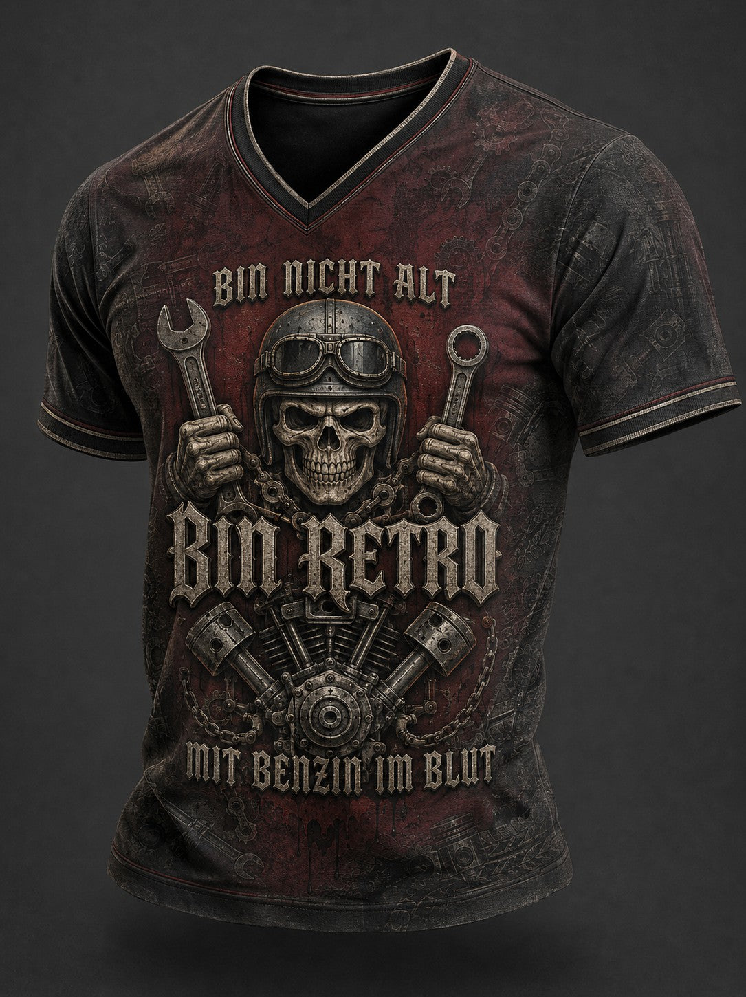 Herren-BIN NICHT ALT BIN RETRO MIT BENZIN IM BLUT bedrucktes V-Ausschnitt-T-Shirt