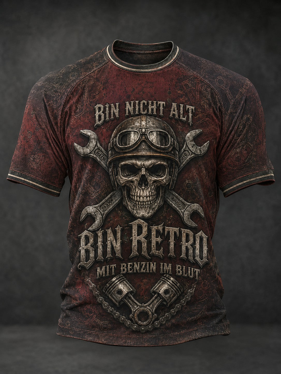 Herren-T-Shirt mit Aufdruck: BIN NICHT ALT, BIN RETRO MIT BENZIN IM BLUT