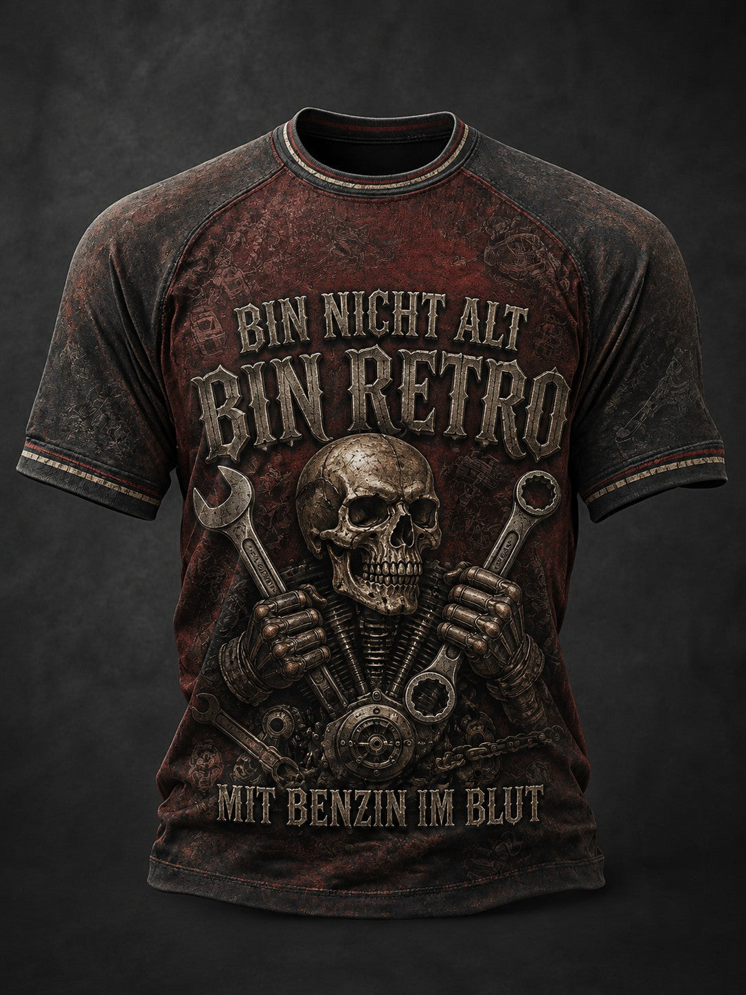 Herren-T-Shirt mit Aufdruck: BIN NICHT ALT, BIN RETRO MIT BENZIN IM BLUT