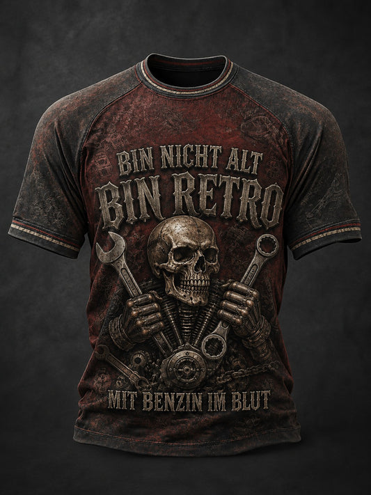Herren-T-Shirt mit Aufdruck: BIN NICHT ALT, BIN RETRO MIT BENZIN IM BLUT