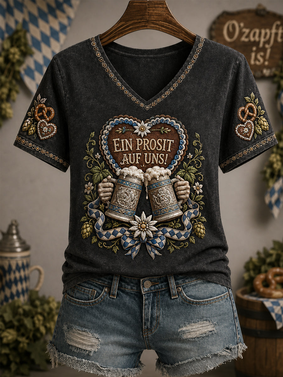 Frauen Oktoberfest Prost! Bedrucktes Freizeit-T-Shirt mit V-Ausschnitt