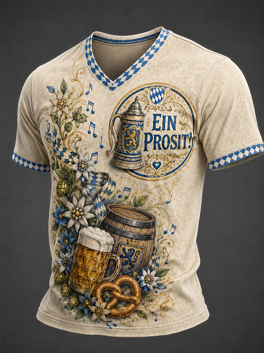 Herren-Oktoberfest Prost! Bedrucktes Freizeit-T-Shirt mit V-Ausschnitt