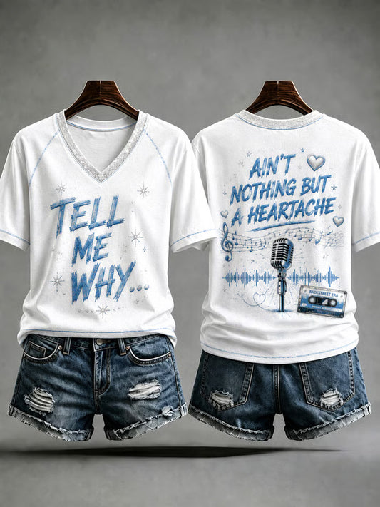 Damen-Retro-T-Shirt aus den 90ern mit musikinspiriertem Grafikdruck und V-Ausschnitt, lässig geschnitten