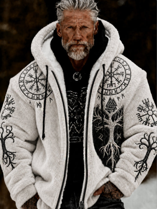 Herren-Viking-Keltenkunst-Plüsch-Kuscheljacke mit Reißverschluss und Kapuze