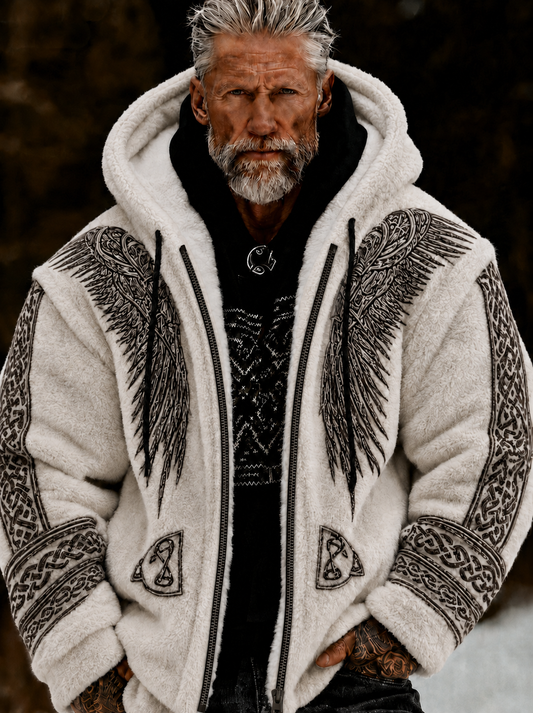 Herren-Viking-Keltenkunst-Plüsch-Kuscheljacke mit Reißverschluss und Kapuze