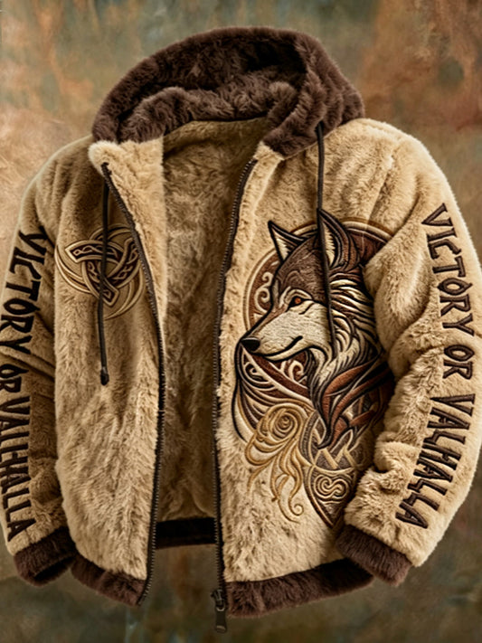 Herren-Viking-Tribal-Jacquard-Keltisches Plüsch-Fleecejacke mit Wolfsmotiv, warm, mit Reißverschluss und Kapuze