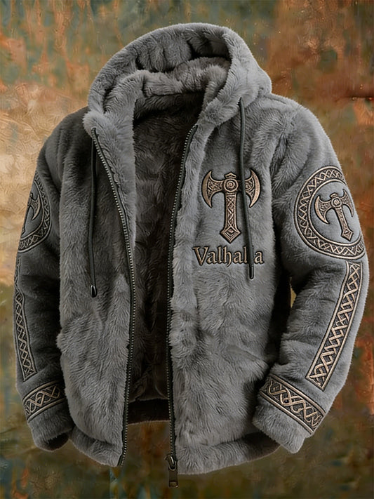 Herren-Winterjacke im Wikingerstil mit kuschelig warmer Kapuze und Reißverschluss