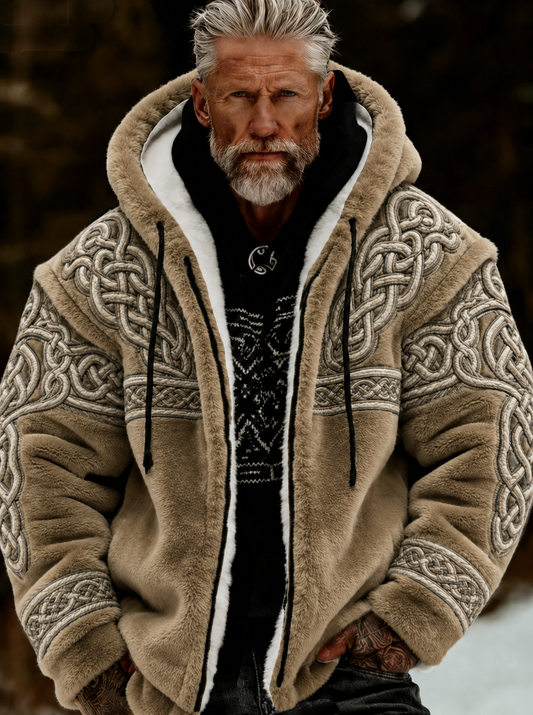 Herren-Viking-Keltenkunst-Plüsch-Kuscheljacke mit Reißverschluss und Kapuze