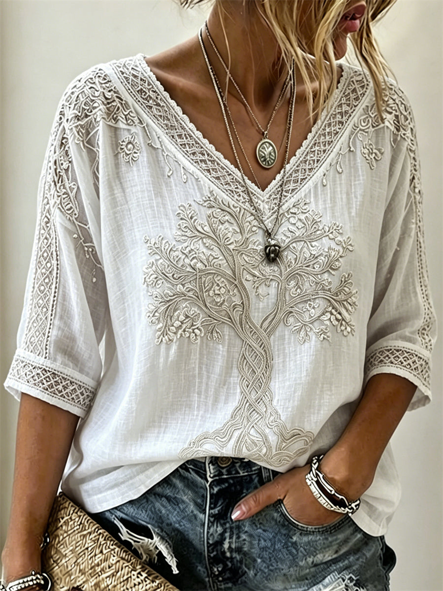 Frauen Edles Wikinger-T-Shirt aus Leinen mit keltischem Knoten druck