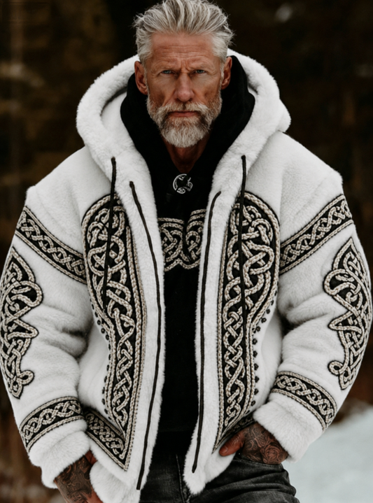 Herren-Viking-Keltenkunst-Plüsch-Kuscheljacke mit Reißverschluss und Kapuze