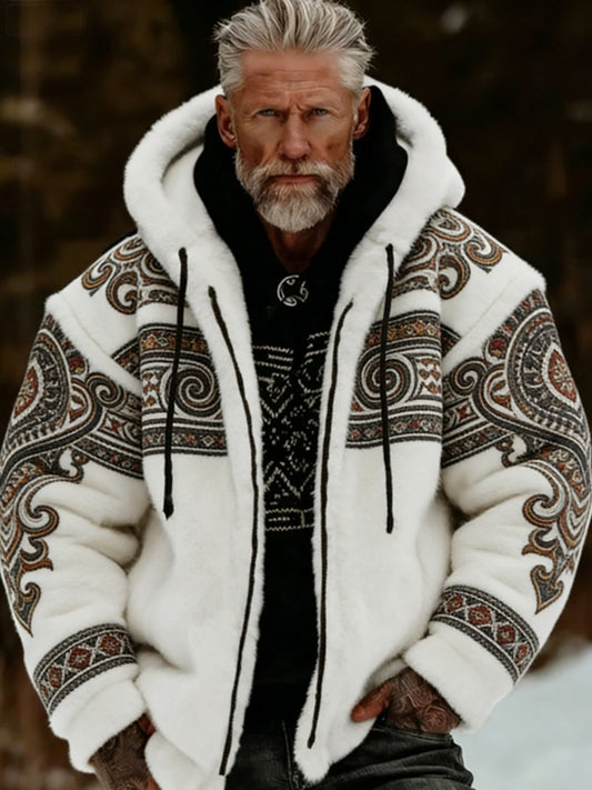 Herren-Viking-Keltenkunst-Plüsch-Kuscheljacke mit Reißverschluss und Kapuze