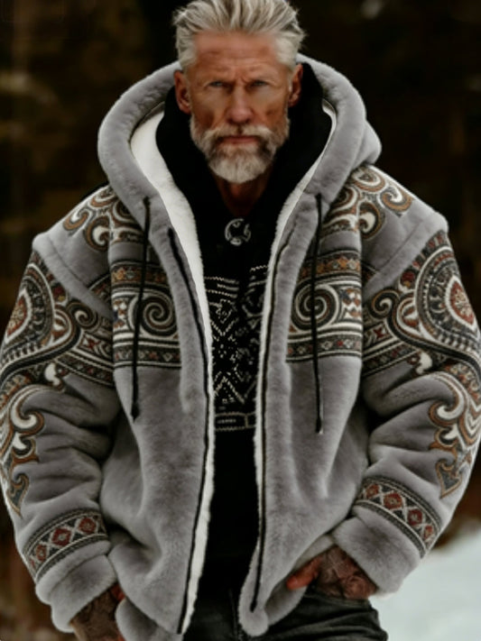 Herren-Viking-Keltenkunst-Plüsch-Kuscheljacke mit Reißverschluss und Kapuze