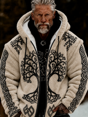 Herren-Viking‑Keltisches‑Design Plüschkuscheliger warmer Flanell‑Jackenmantel mit Reißverschluss und Kapuze