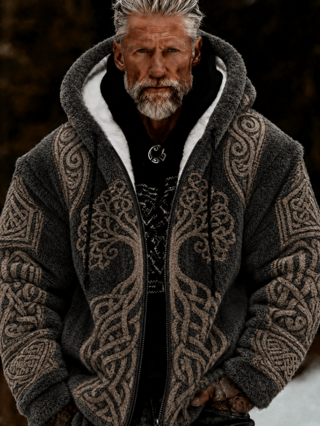 Herren-Viking‑Keltisches‑Design Plüschkuscheliger warmer Flanell‑Jackenmantel mit Reißverschluss und Kapuze