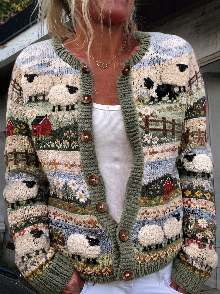 Kuscheliger Damen-Strickcardigan im Vintage-Stil mit Landschaftsdruck von Border Collie und Schäferei