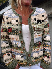 Kuscheliger Damen-Strickcardigan im Vintage-Stil mit Landschaftsdruck von Border Collie und Schäferei