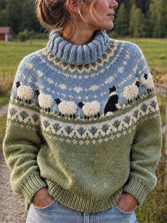 Damen-Vintage-Pullover mit Bauernhofmotiv, Border Collie und Schafen, Yoke-Strickmuster, Insel-Print, Rollkragen