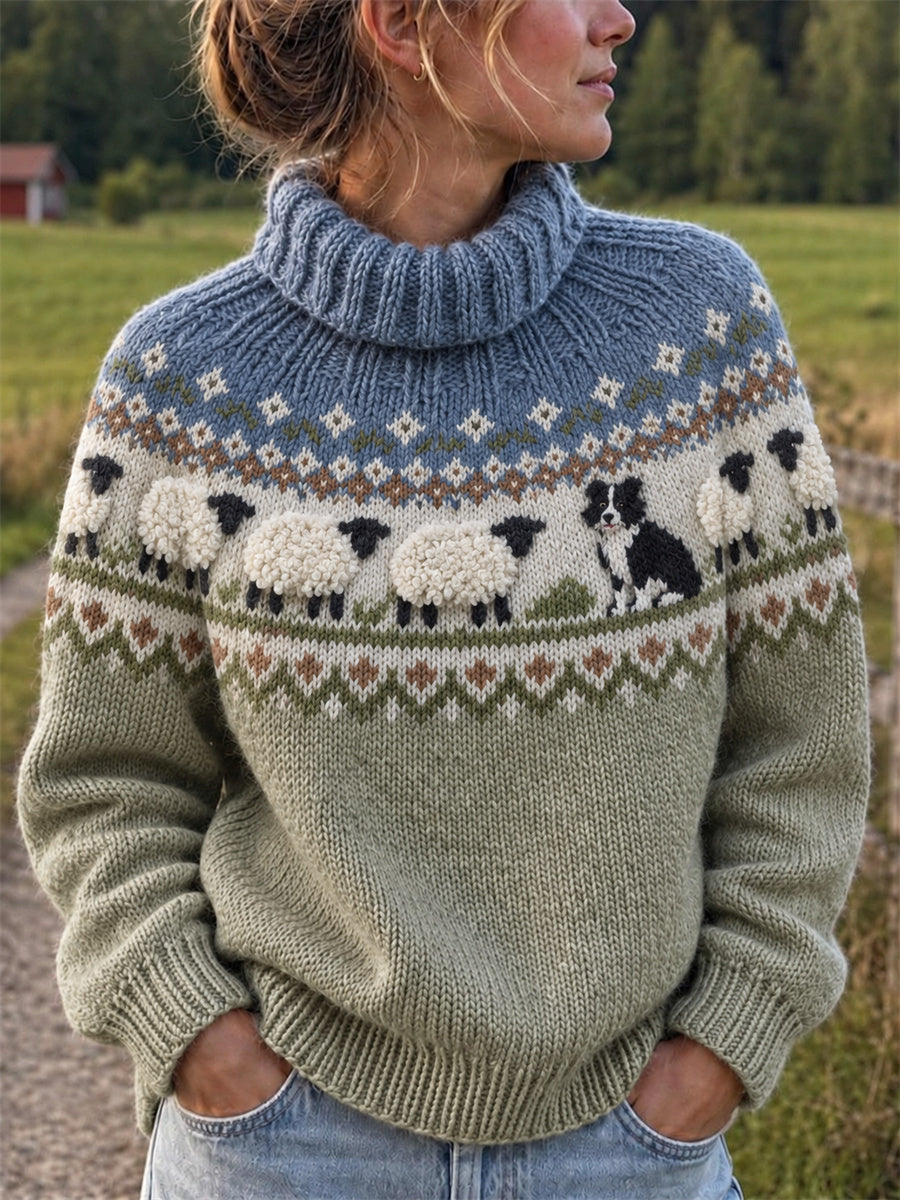 Damen-Vintage-Rollkragenpullover mit Border‑Collie‑ und flauschigen Schafen auf der Isle‑Musterung