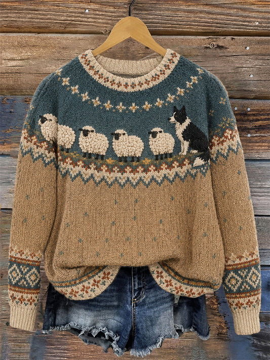 Kuscheliger Rundhals-Pullover für Damen mit Border-Collie- und Schafmotiv im Yoke-Design
