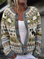 Kuscheliger Damen-Cardigan im Vintage-Stil mit Farm-Motiv: Border Collie und flauschige Schafe